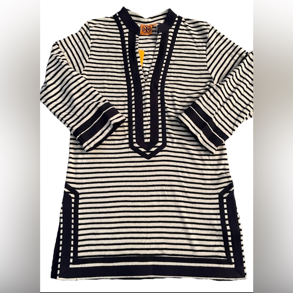 NWT Tory Burch Ivory And Navy Print Terry Cloth Tunic Women’s Size Small